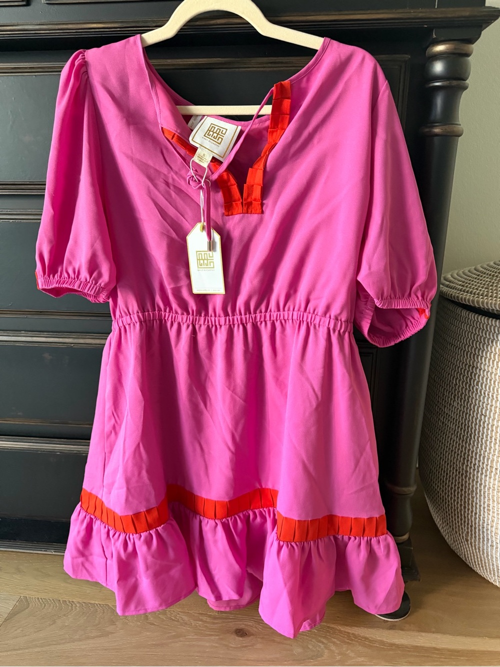 Emily McCarthy Magenta Pink Dress with Red Trim